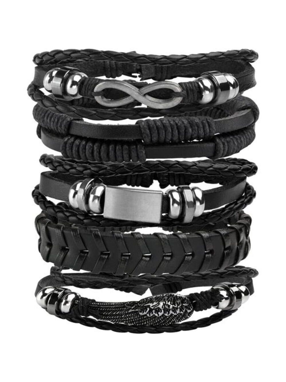 Mens womens braided leather bracelet set adjustable woven cuff wristband